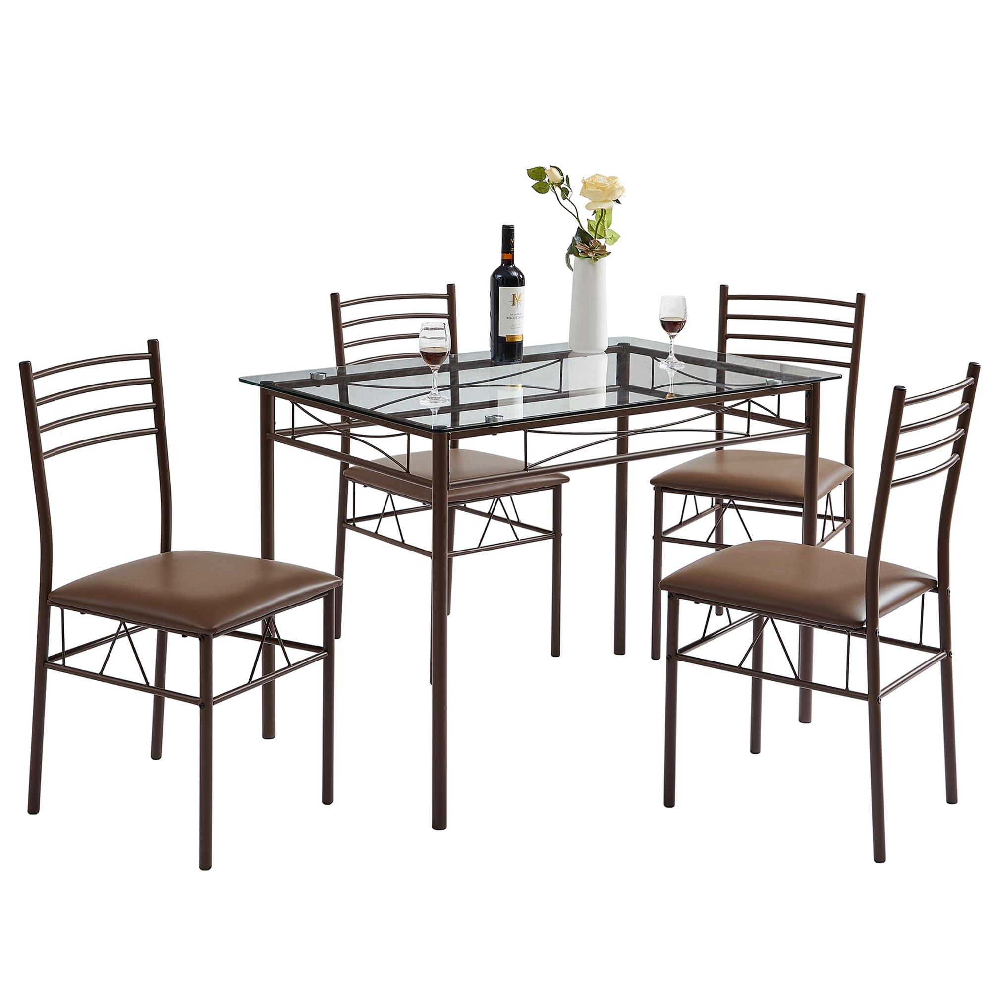 VECELO Kitchen Dining Room Table and Chairs [4 Placemats Included] 5-Piece Dinette Sets, Space Saving (Brown), 43.3