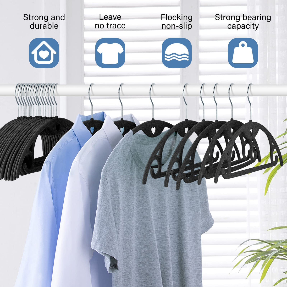 IEOKE Velvet Hangers, 50-Pack Ultra Thin, 360° Swivel Heavy Duty, Black/Silver