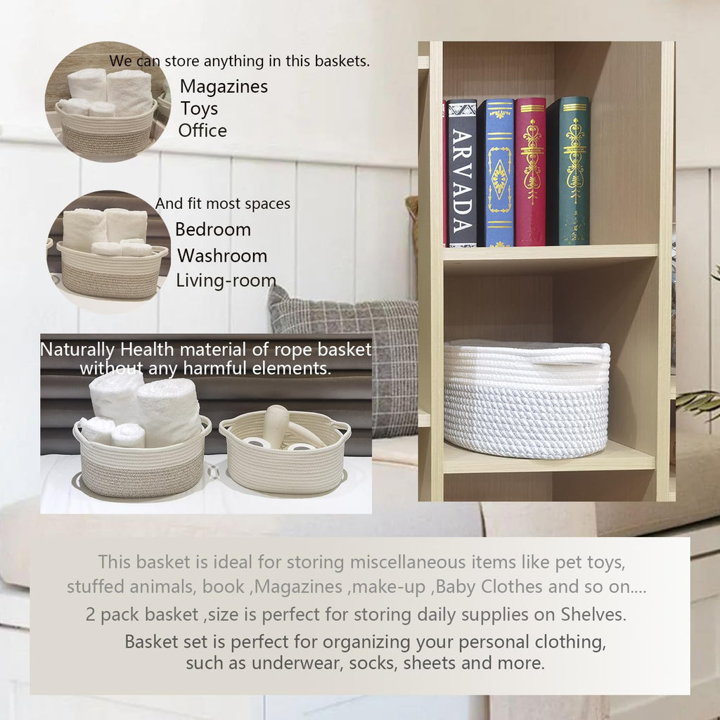 Davihomi 2-Piece Small Woven Storage Basket For Organizing|Cotton Rope Basket For Closet Shelving Storage|Gift Basket For Empty