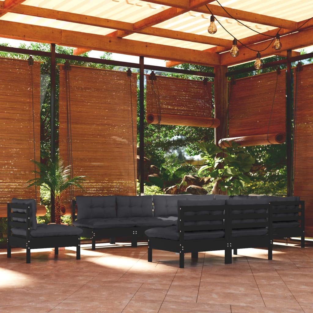 vidaXL Solid Pinewood Patio Lounge Set 10 Piece with Cushions Garden Outdoor Lawn Yard Terrace Balcony Wooden Seat Seating Furniture Black