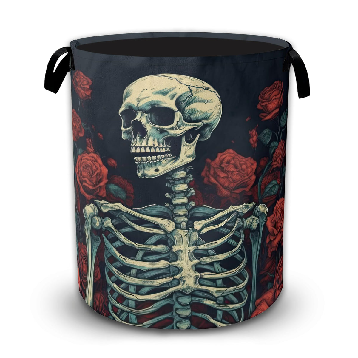 Gothic Skull Roses Laundry Basket, Foldable Laundry Hamper with Handles, Large Capacity Waterproof Clothes Storage Basket for Be