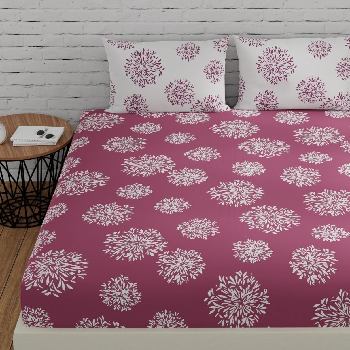 Huesland By Ahmedabad Cotton 144 Tc Fitted Elastic Bedsheets Queen Size Cotton With 2 Pillow Covers | 60X78 Inches | Mauve & Whi