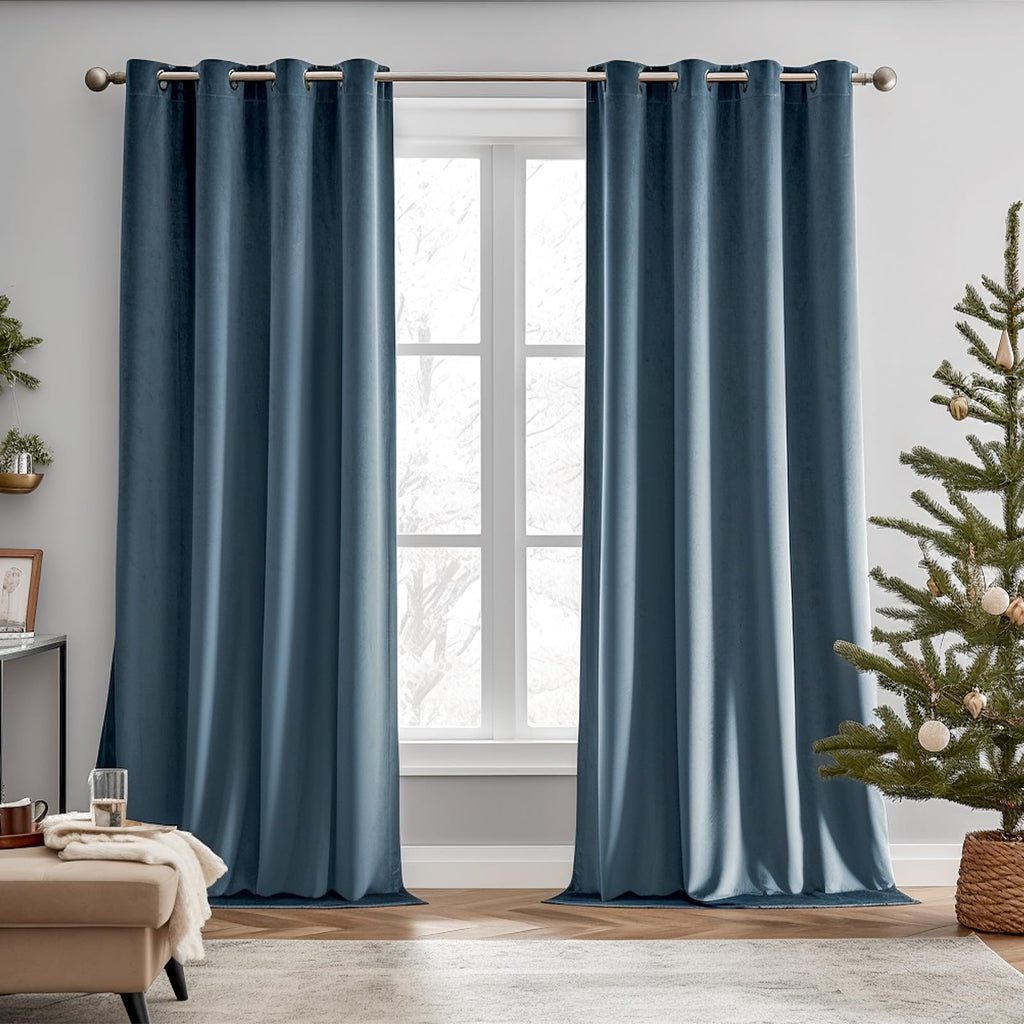 Lazzzy Blackout Velvet Curtains Blue Thermal Insulated Curtains 84 Inch Long Drapes For Bedroom Living Room Darkening Window Treatments Grommet Living Room Curtains Set Of 2 Panels Dark Slate