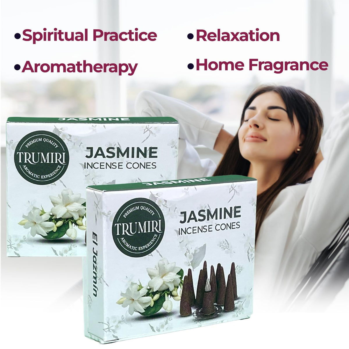 TRUMIRI Jasmine Incense Cones - Dual Pack of 20 Scented Cone Incense - Aromatic Home Fragrance - Relaxing and Calming Scents