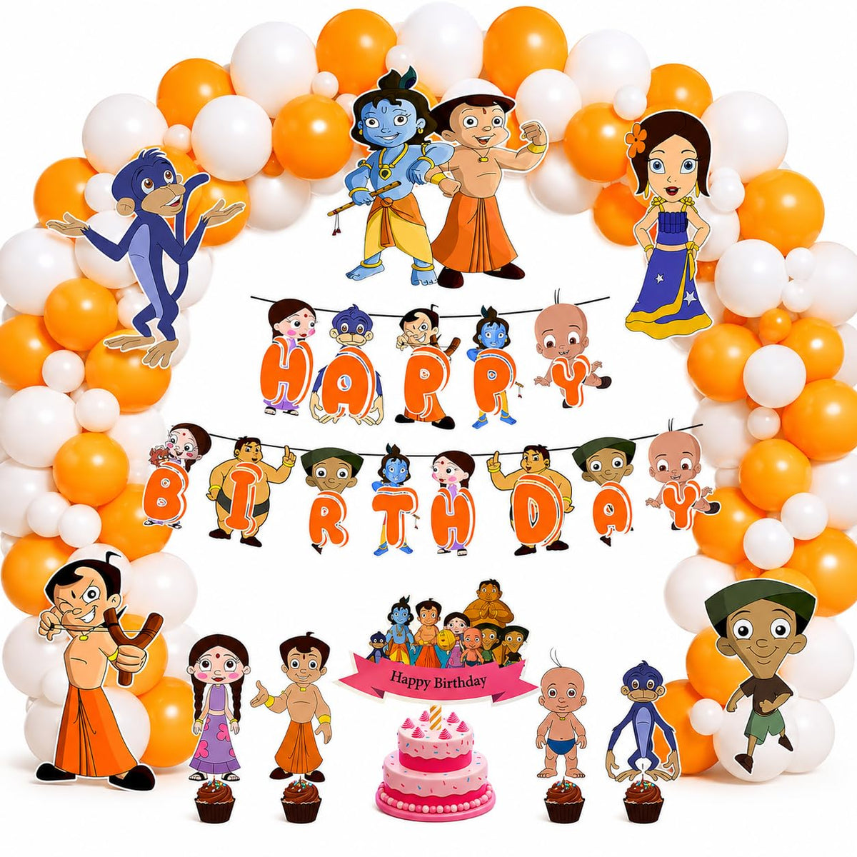 Partyjoy Birthday Decoration Chota Bheem theme for Kids | Happy Birthday Banner, Cake Topper, Cupcake Toppers & Character Cutout