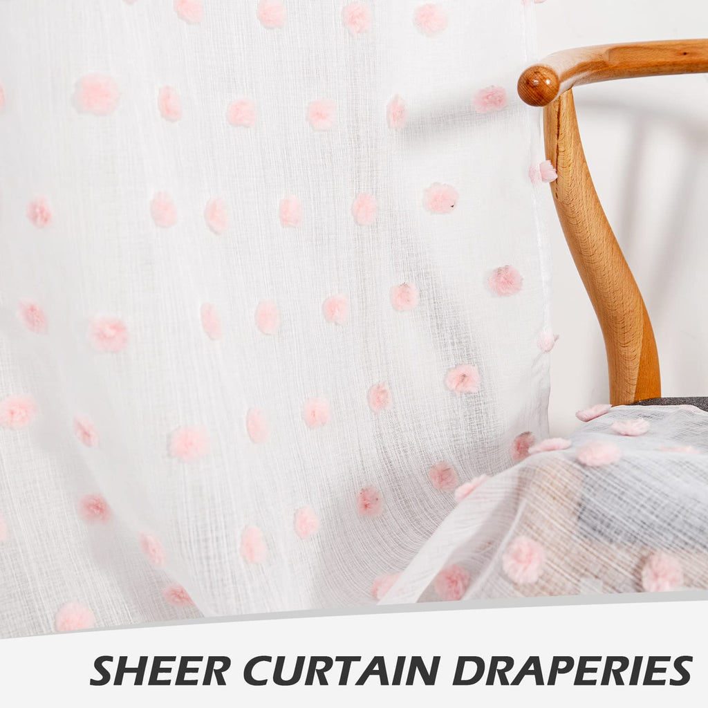 Mysky Home Pom Pom Sheer Curtains For Girls Bedroom Pink Curtains For Nursery 84 Inch Long Living Room Curtains 2 Panels Light Filtering Rod Pocket Semi Window Drapes 52 X 84 Inch