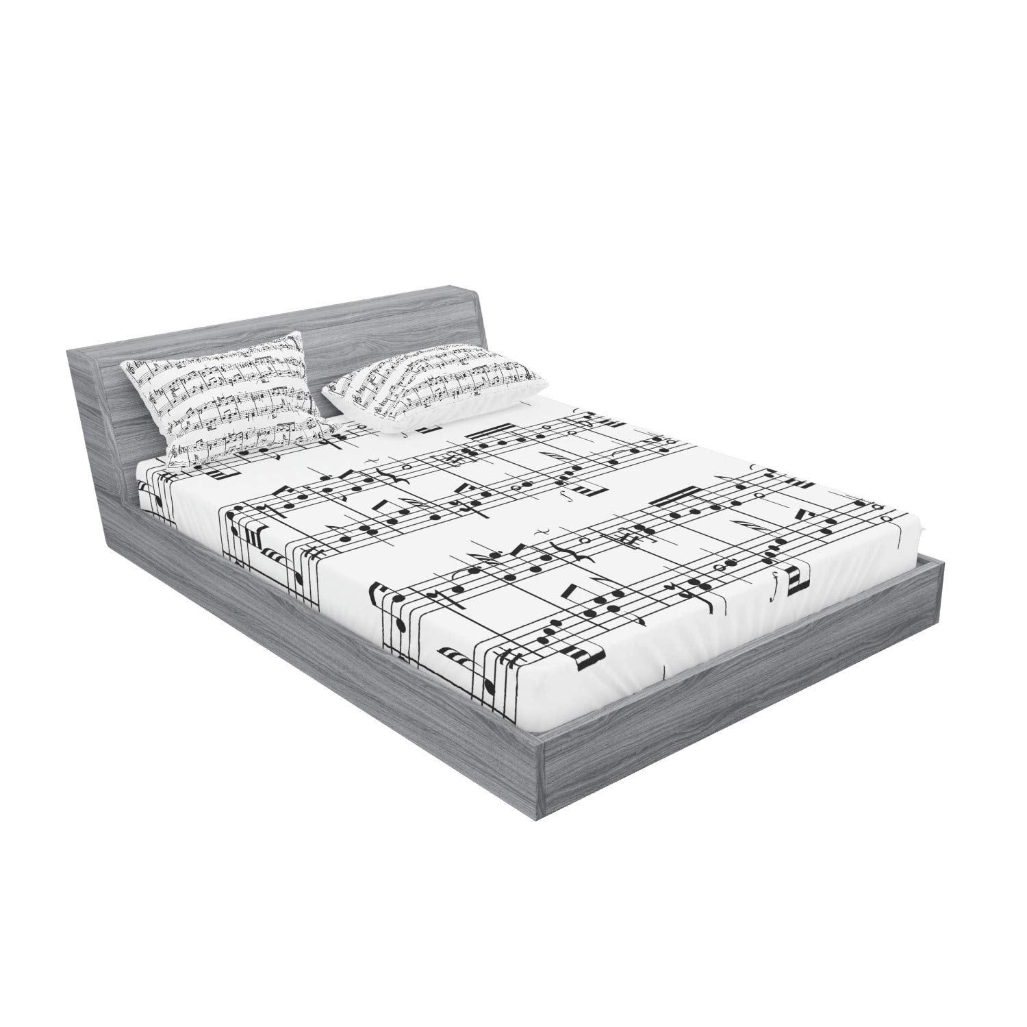 Ambesonne Music Fitted Sheet & Pillow Sham Set, Musical Notes On The Clef Illustration Ornamental Pattern Artwork Print, Decorat