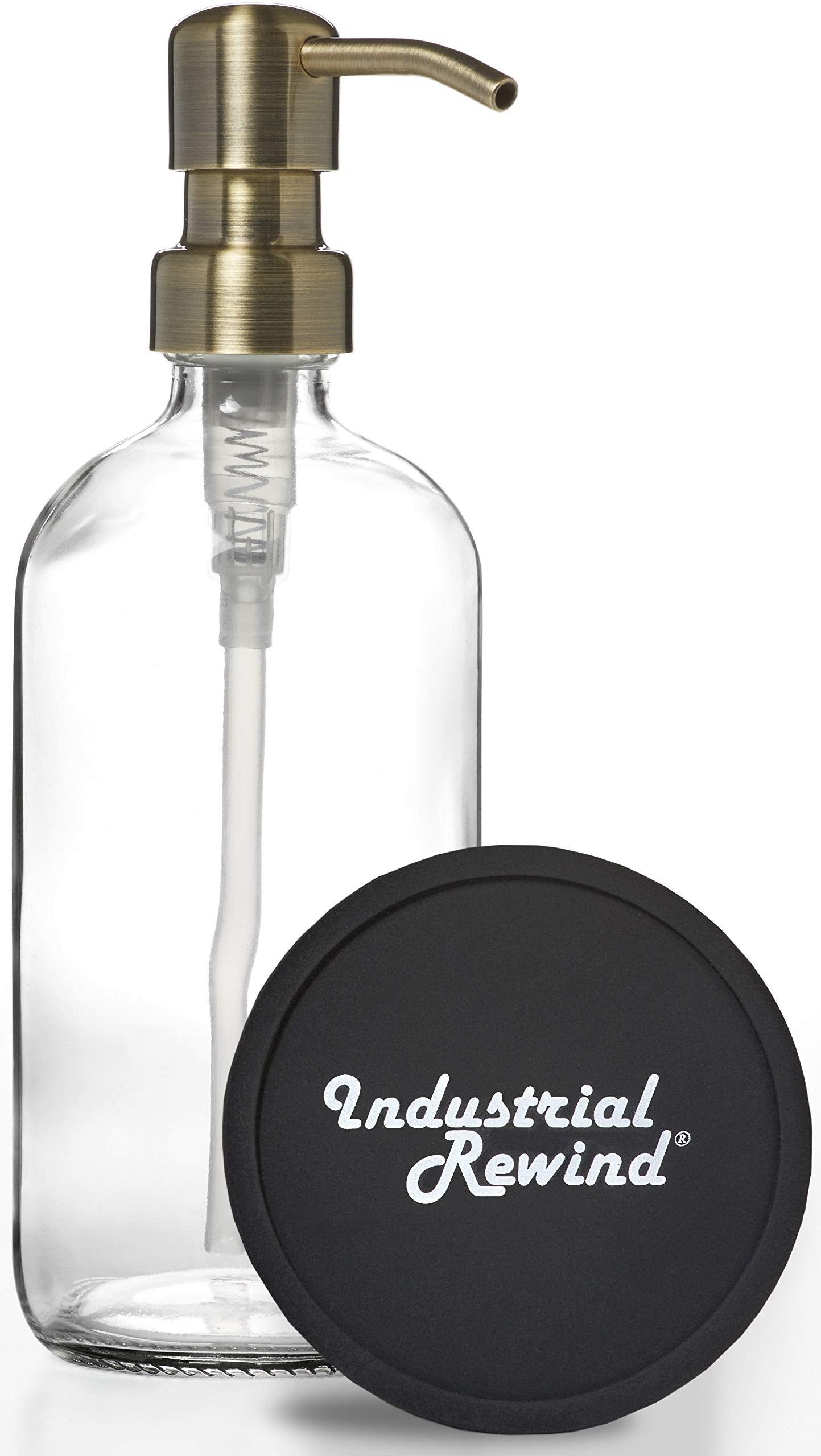 Industrial Rewind Clear Glass Soap Dispenser with Brass Metal Pump and Non Slip Coaster - 16oz Refillable Liquid Soap Dispenser 
