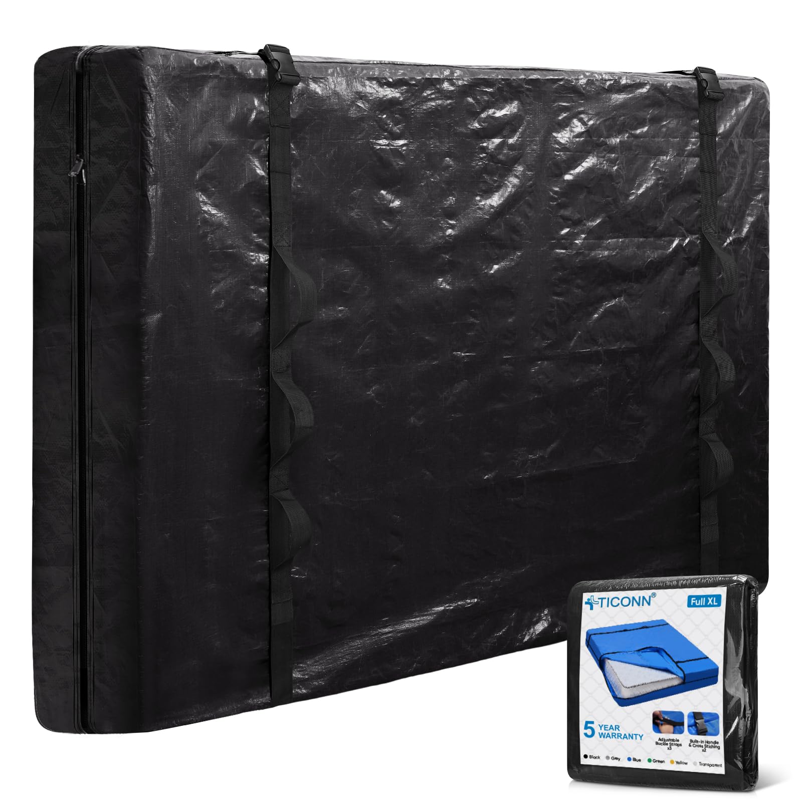 Ticonn Mattress Bags For Moving, Full Xl Mattress Cover For Moving, Heavy Duty, Full-Around Handle With Adjustable Buckles, Mattress Storage Bag & Moving Supplies (Black, Full Xl)