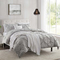Nestl Light Grey Duvet Cover Queen Size - Pintuck Queen Duvet Cover Set, 3 Piece Double Brushed Duvet Covers With Button Closure