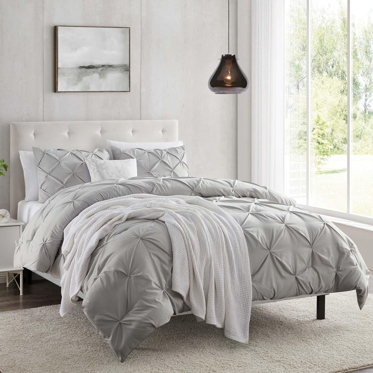 Nestl Light Grey Duvet Cover Queen Size - Pintuck Queen Duvet Cover Set, 3 Piece Double Brushed Duvet Covers With Button Closure