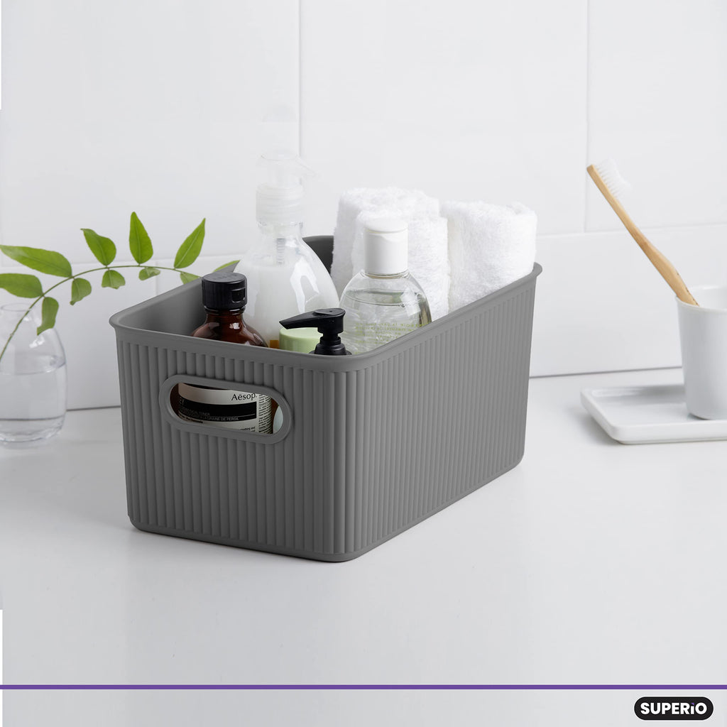 Superio Ribbed Collection - Decorative Plastic Lidded Home Storage Bins Organizer Baskets, Medium Grey (1 Pack - 5 Liter) Stacka