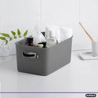 Superio Ribbed Collection - Decorative Plastic Lidded Home Storage Bins Organizer Baskets, Medium Grey (1 Pack - 5 Liter) Stacka