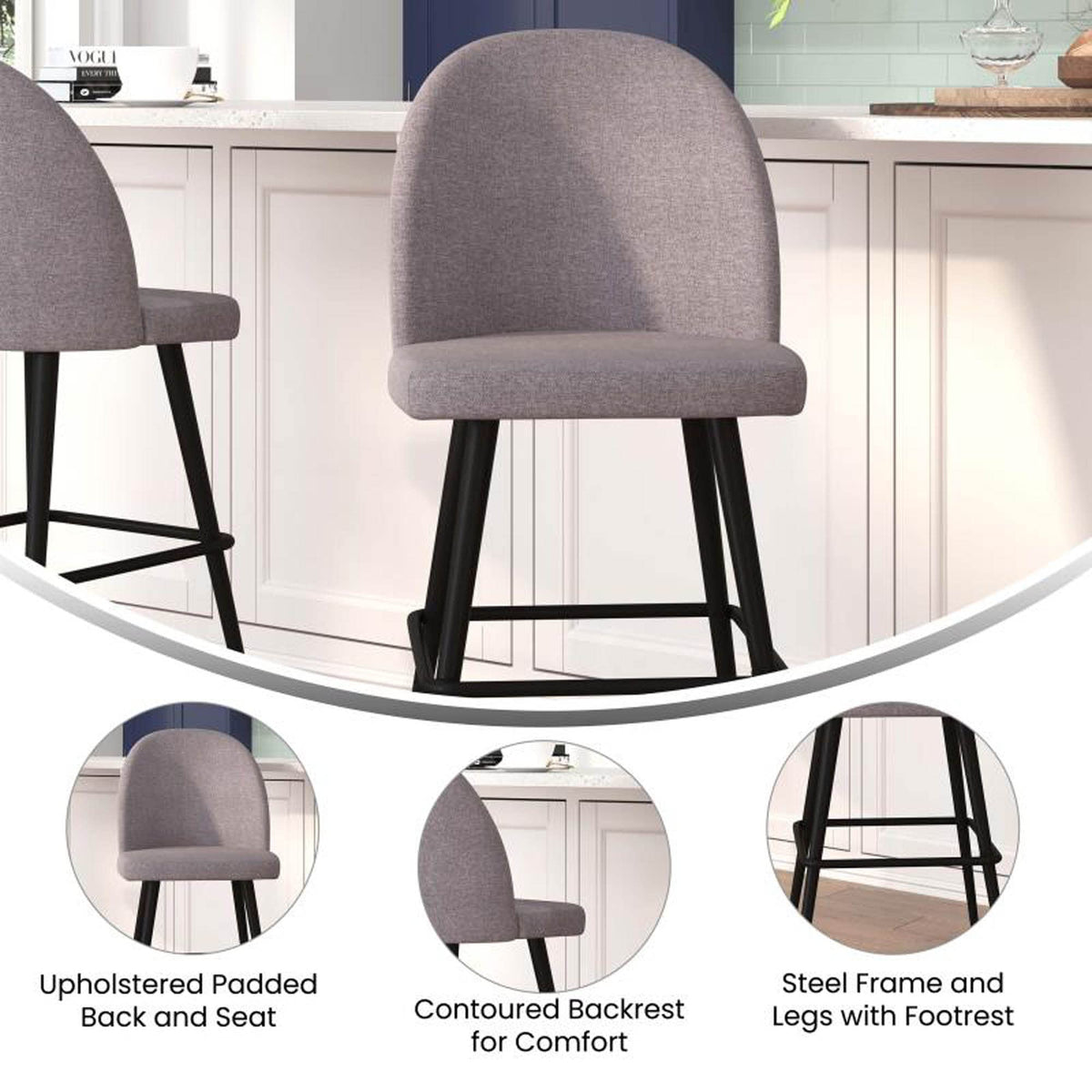 Flash Furniture Lyla Commercial Grade Modern Armless Barstools - Gray Faux Linen Upholstery - 30" Barstool - Contoured Backrest - Steel Frame & Footrest - Set of 2