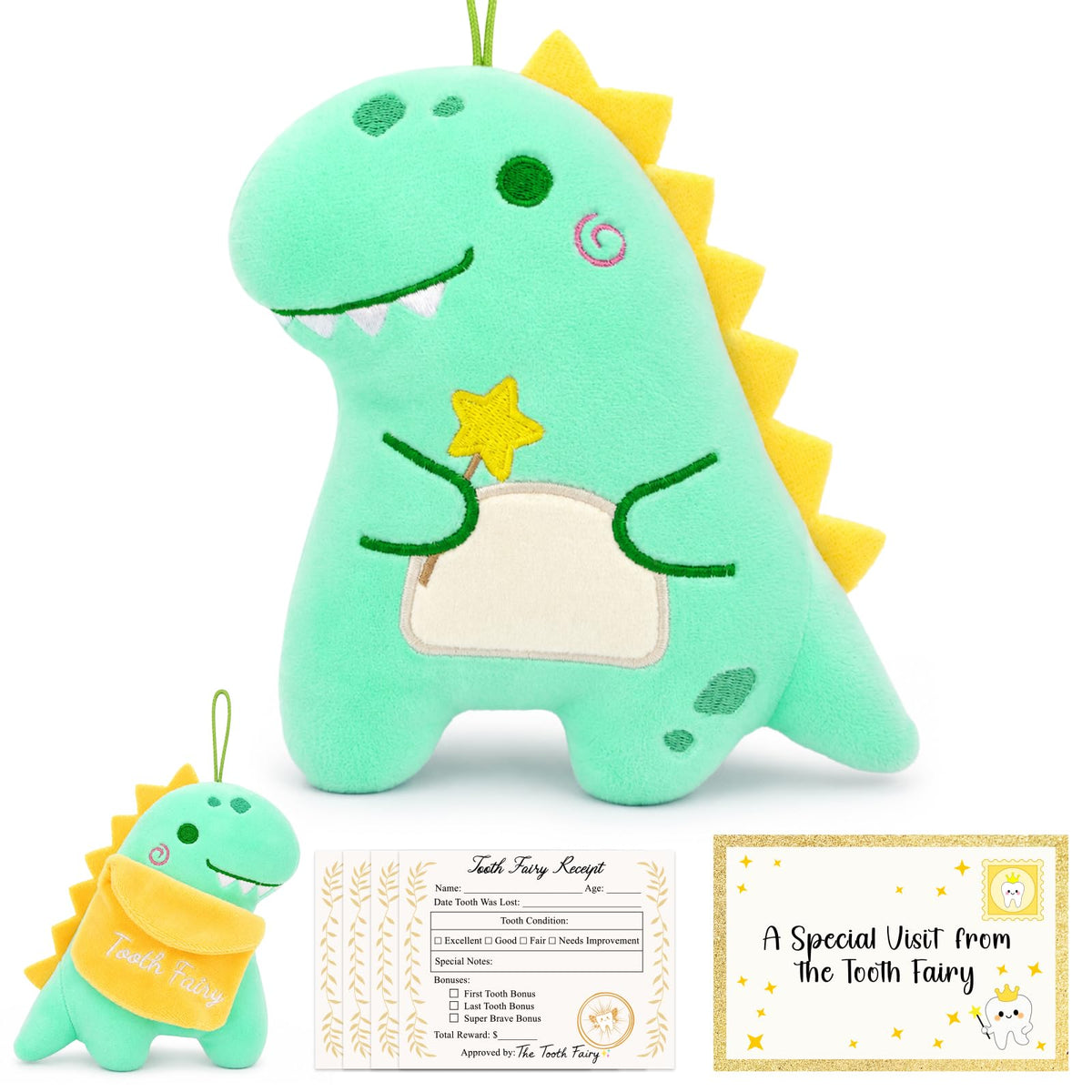 6 Tooth Fairy Dinosaur Plush, Tooth Fairy Gifts with Tooth Holder Pocket