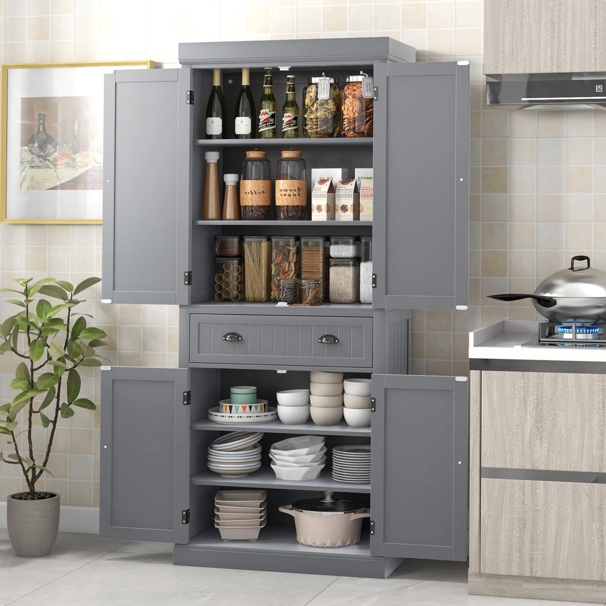 Dortala 72” Tall Kitchen Pantry Cabinet, Wood Storage Cupboard W/ 4 Adjustable Shelves, 2 Cabinets & Drawer, Utility Freestanding Storage Cabinet For Kitchen, Hallway, Living Room, Grey