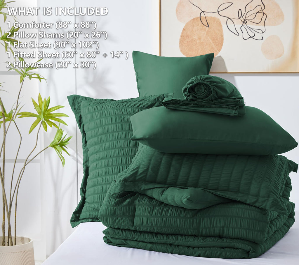 Cozylux Queen Seersucker Comforter Set With Sheets Emerald Green Bed In A Bag 7-Pieces All Season Bedding Sets With Comforter, Pillow Sham, Flat Sheet, Fitted Sheet, Pillowcase