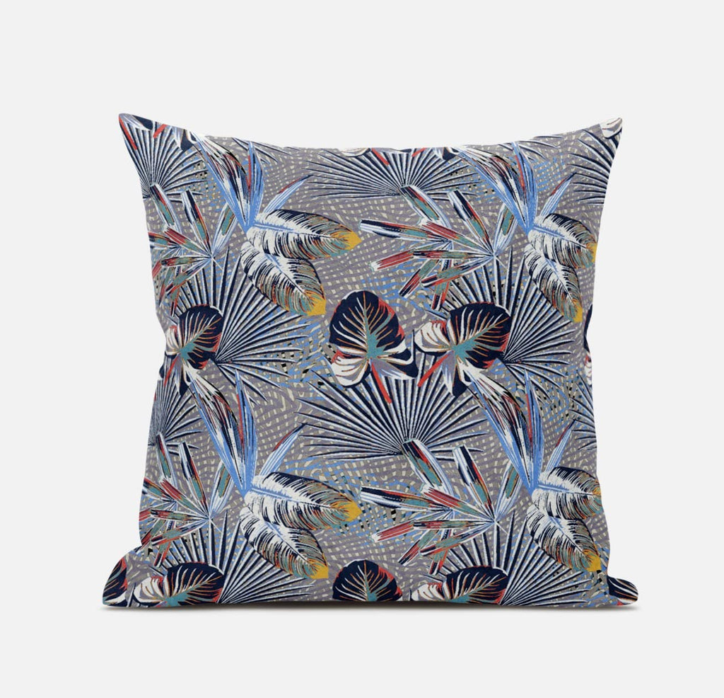 HomeRoots Gray Cream 16â€ Indigo Gray Tropical Zippered Suede Throw Pillow