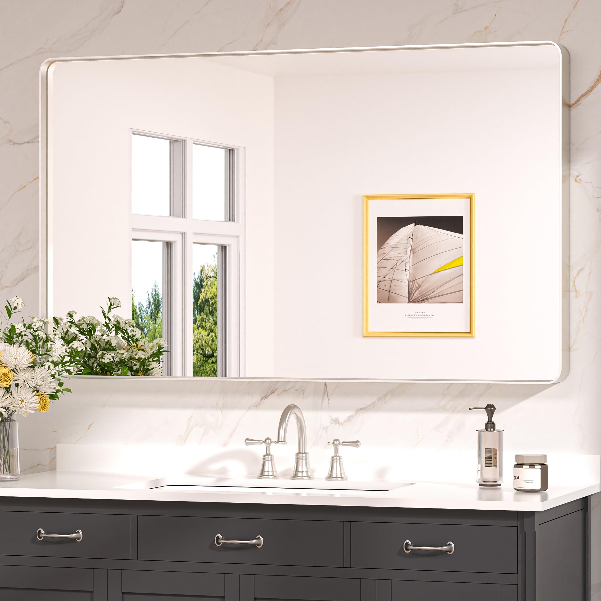 Keonjinn 48 x 30 Brushed Nickel Bathroom Mirrors for Over Sink, Large Rounded Rectangle Bathroom Vanity Mirror, Modern Decorativ