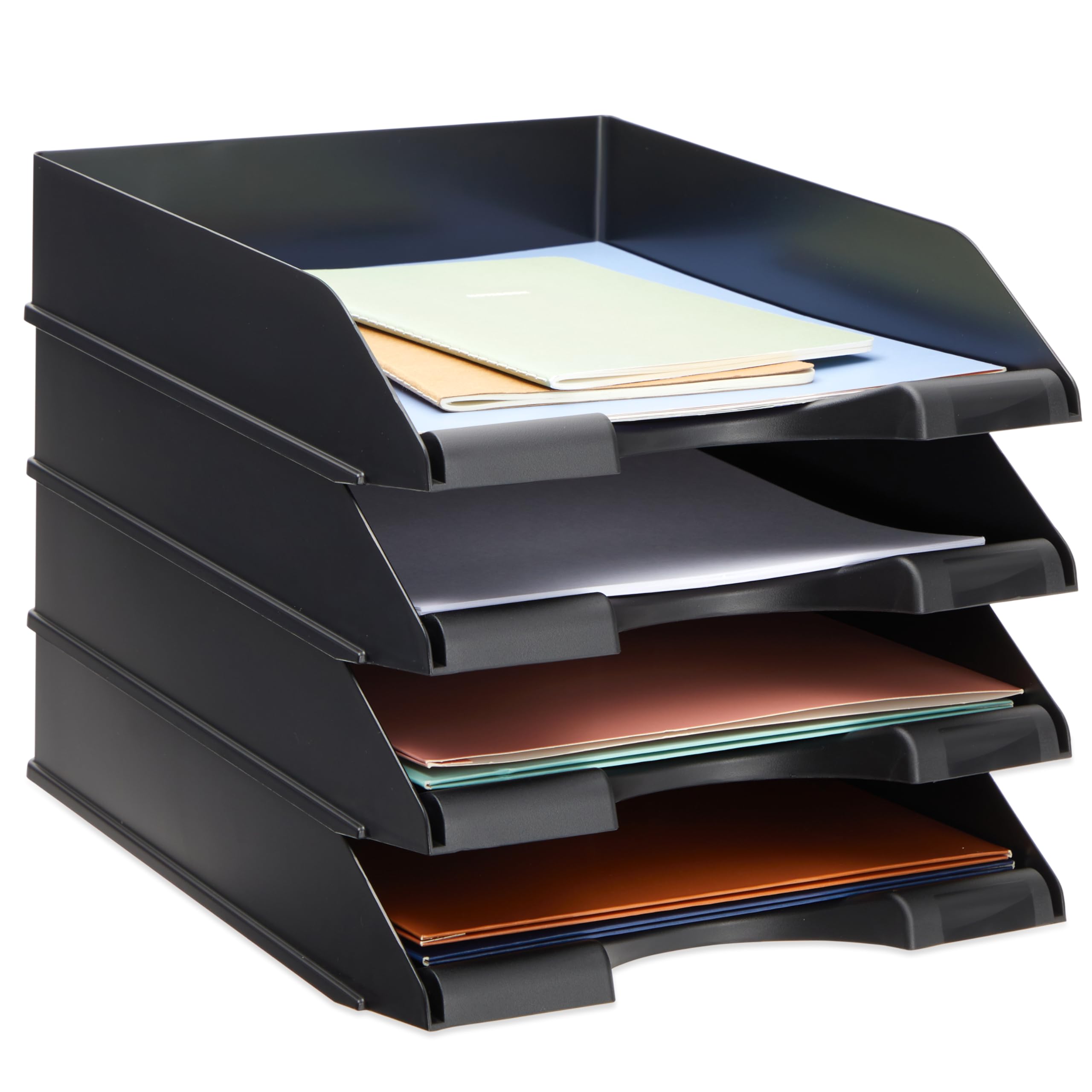 Stockroom Plus 4 Pack Black Stackable Paper Trays For Letter Documents, Desktop File Organizers For Office Supplies, Stackable D