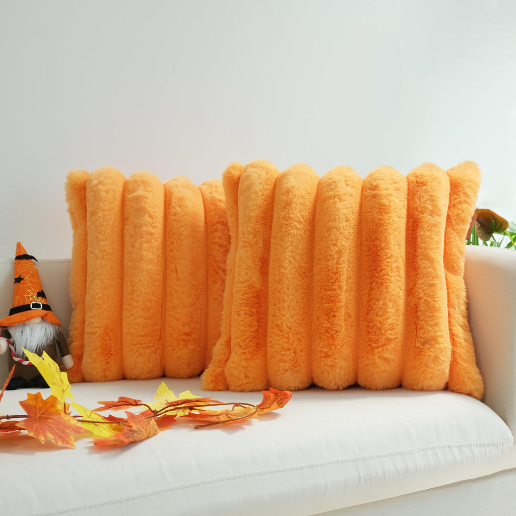 JOJUSIS Pack of 2 Faux Fur Plush Decorative Throw Pillow Covers Couch Cushion Case Soft Fluffy Pillowcases Wide Stripe (Orange, 