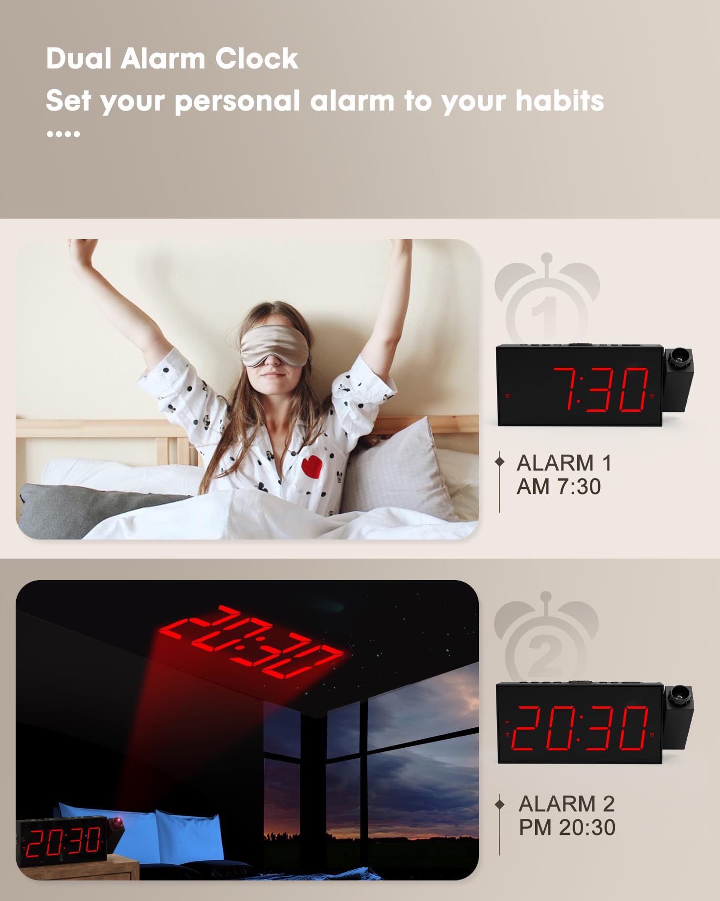 Onlyee Projection Alarm Clock For Bedroom,Led Digital Clock On Ceiling Wall With Usb Phone Charging,Battery Backup,180 Rotatable