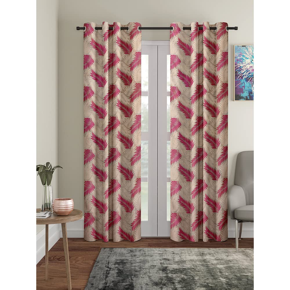 Cortina semi Sheer 2 Piece Leaf Design Panel Eyelet Polyester Door Curtain  7Feet, Pink