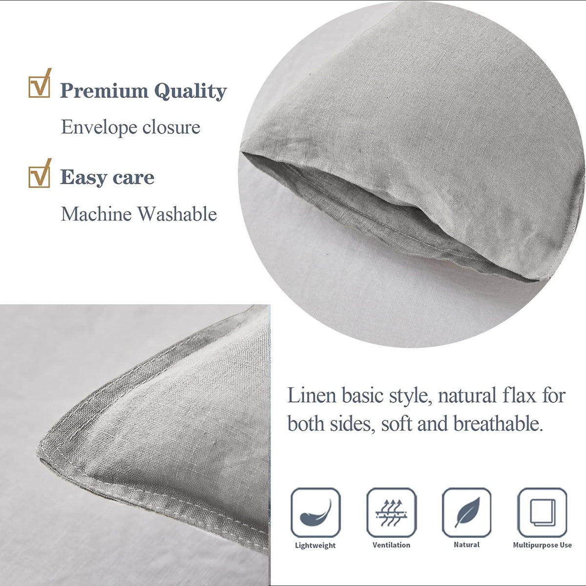 Simple&Opulence 100% Linen Lumbar Pillow Cover 12 X 20 Inches Set Of 2 Rectangular Decorative Throw Cushion Cover For Couch Sofa Bed Living Room Office Soft Breathable Farmhouse - Light Grey