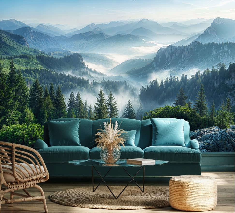 WFBHUA - Misty Pine Forest Wallpaper Mountain Peaks Landscape Landscape Wall Mural (Not Peel and Stick)