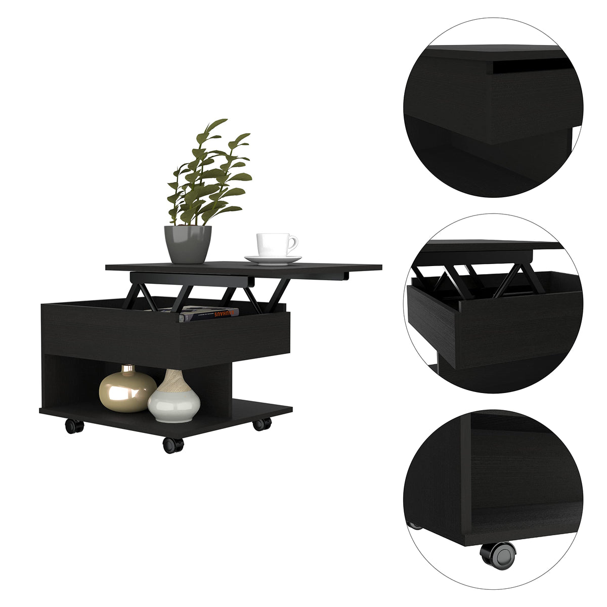 Babel Lift Top Coffee Table, Casters, 1 Shelf, Black