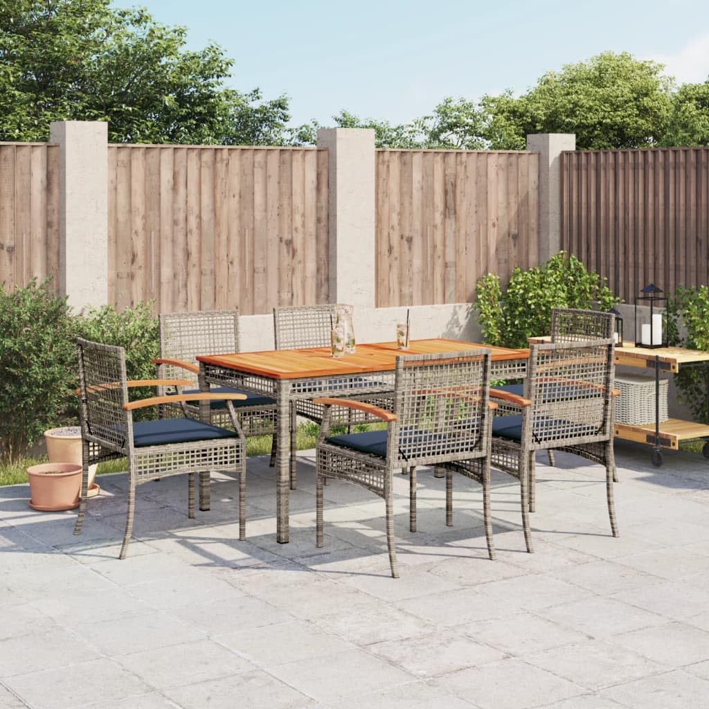 vidaXL Patio Dining Set with Cushions - 7-Piece Gray Poly Rattan, Acacia Wood Table 55.1"x31.5"x29.5", 6 Chairs with Navy Blue Removable Covers - Garden, Patio, Backyard Outdoor Furniture