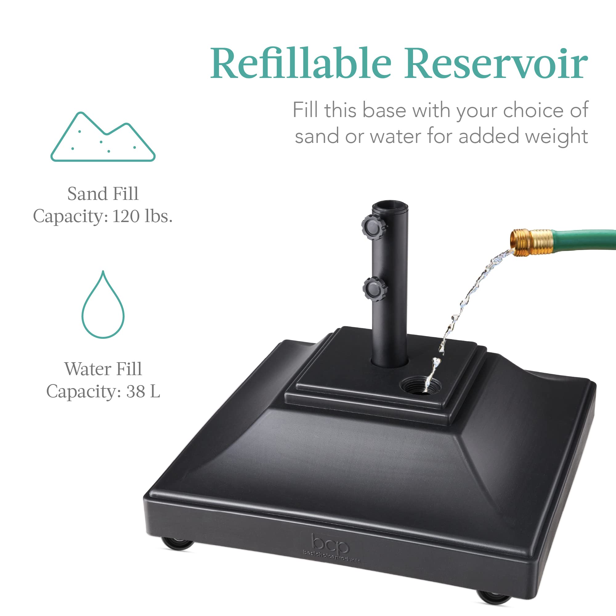 Best Choice Products Fillable Mobile Umbrella Base, Heavy Duty Base, Square Tiered Market Stand For Patio, Deck, Outdoor W/ 4 Wheels, 2 Locks, 2 Knobs, 120Lb Capacity - Black