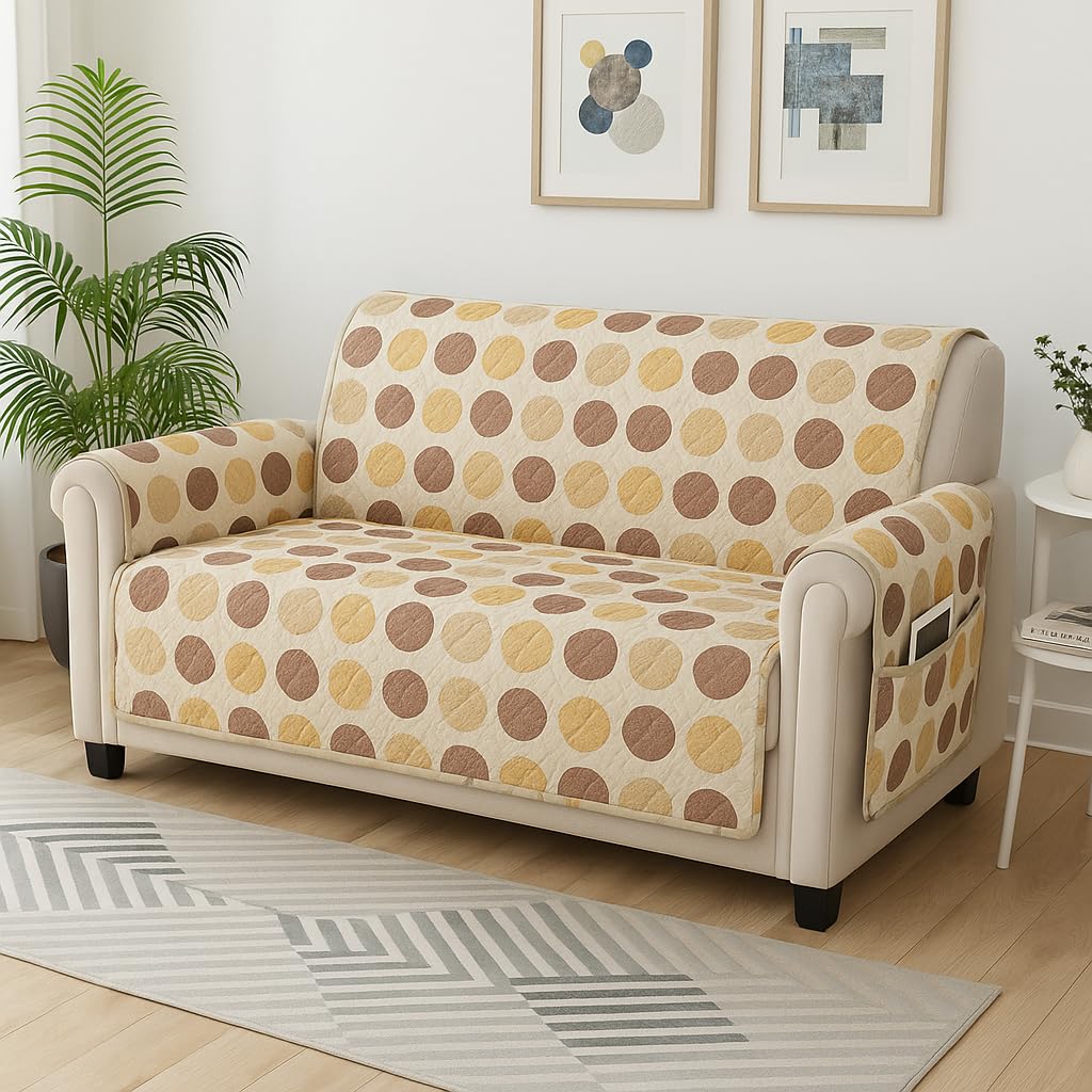Story@Home Quilted Sofa Cover 3 Seater Fully Covered|175X170 Microfiber Sofa Cover 3 Seater Beige & White Geometric Stripes Desi