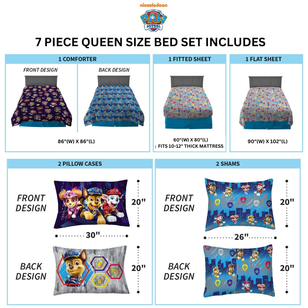 Franco Paw Patrol Kids 7 Piece Queen Size Bedding Set, Super Soft Comforter & Sheets, Official Licensed Product