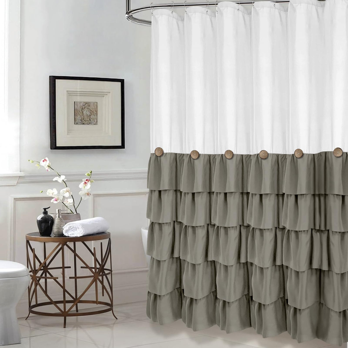 Seasonwood White And Gray Shower Curtain 72 X 72 With Nature Buttons Shabby Chic Shower Curtain French Country Style Modern Farm