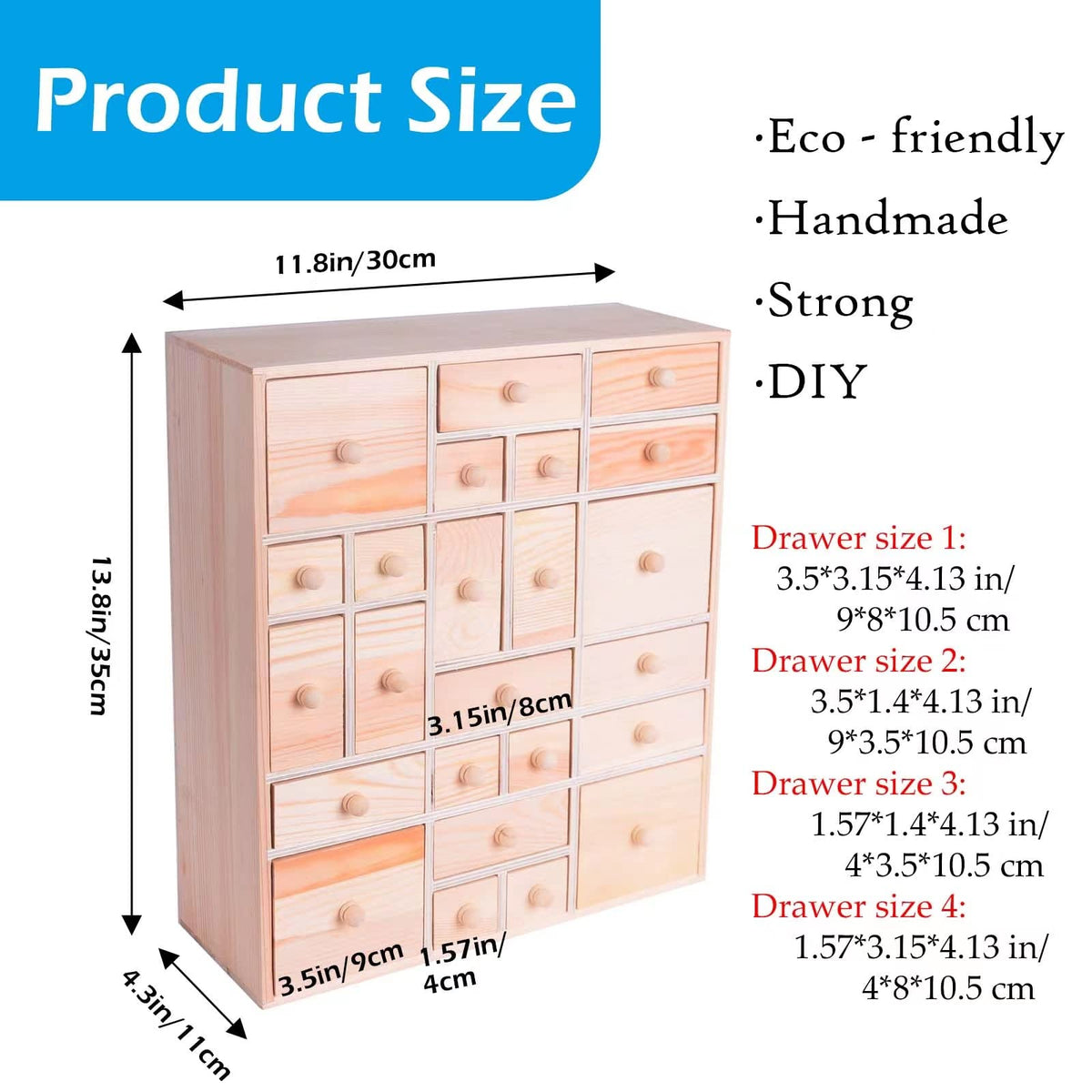 Gkesgm Wooden Countdown Advent Calendar with 24 Drawers, 14in x 12in x 4.3in, White, Unfinished Craft Storage Organizer, Model ZAO-001