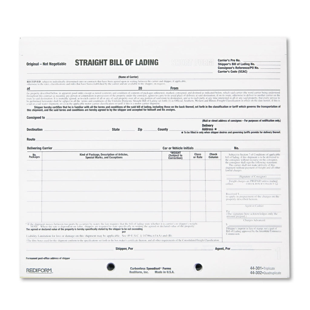 Rediform Snap-A-Way Bill Of Lading, Short Form, Three-Part Carbonless, 7 X 8.5, 250 Forms Total