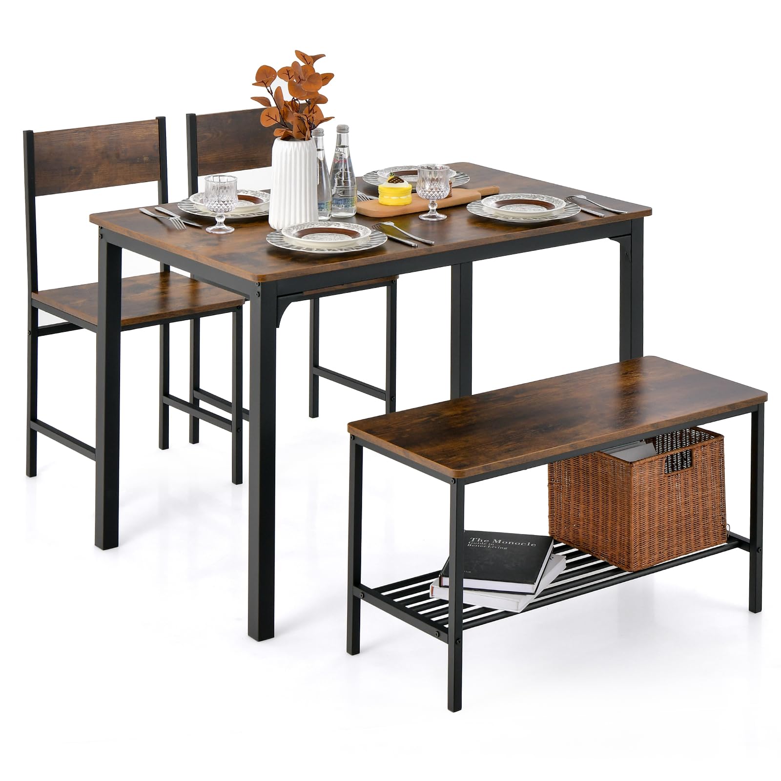 Giantex Dining Table Set for 4, Kitchen Table with Bench and Chairs, Industrial Gathering Bench Dining Set W/Metal Frame & Stora
