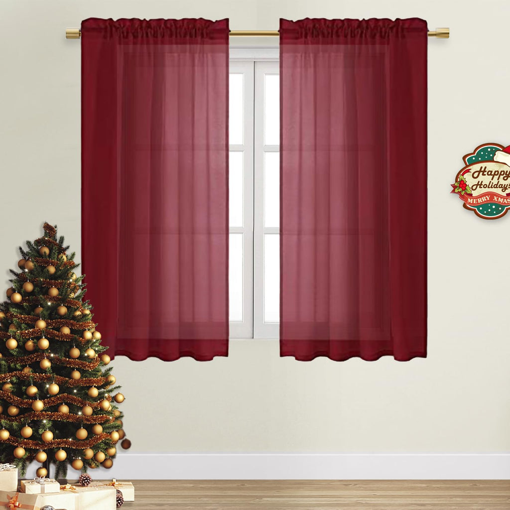 Dwcn Christmas Burgundy Sheer Curtains Semi Transparent Voile Rod Pocket Curtains For Bedroom And Living Room, 52 X 54 Inches Lo