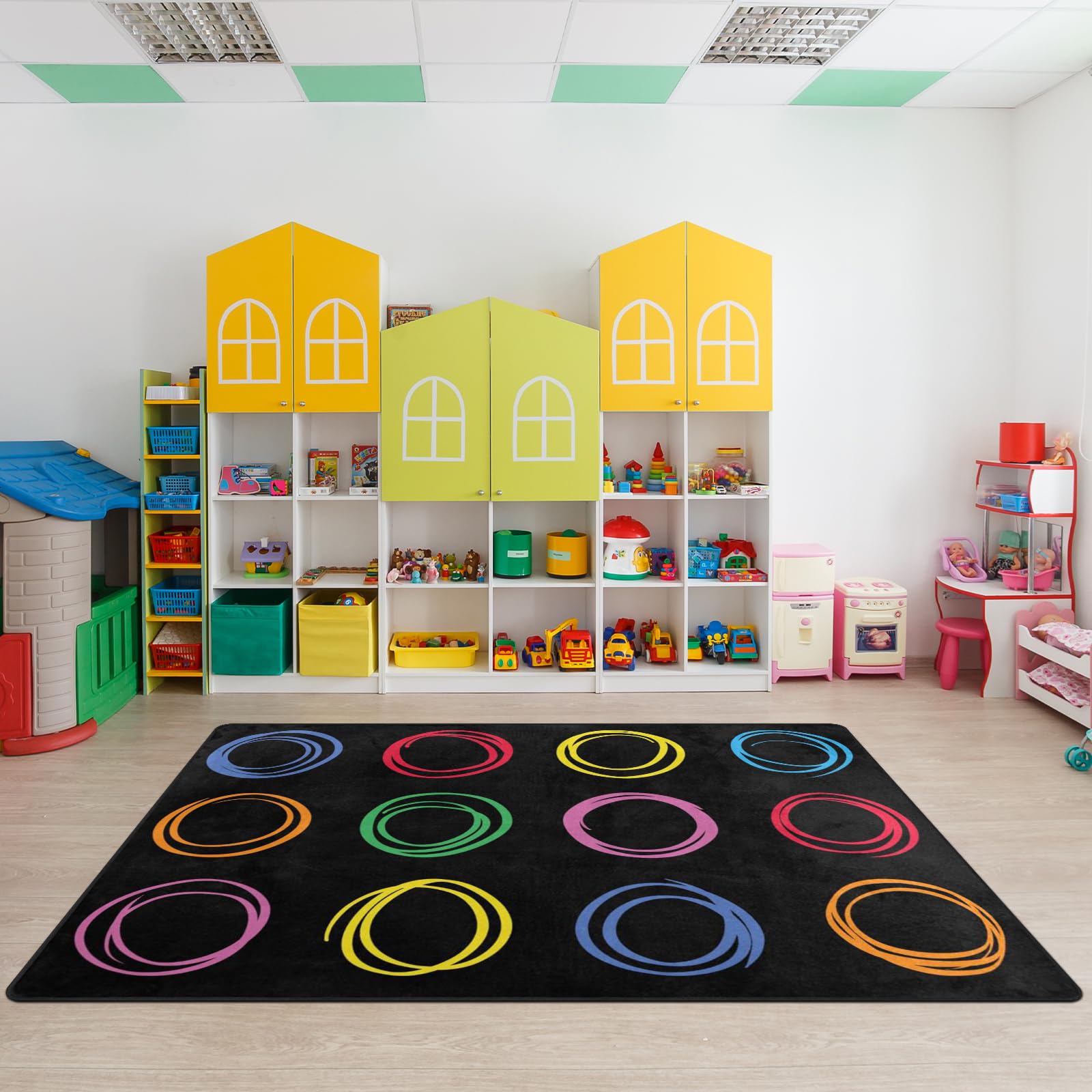 Kids Rug, Classroom Carpets Playmat Rugs, 6X9 Ft Kids Carpet With Rubber Backing, Colorful Circles Children'S Classroom Seating