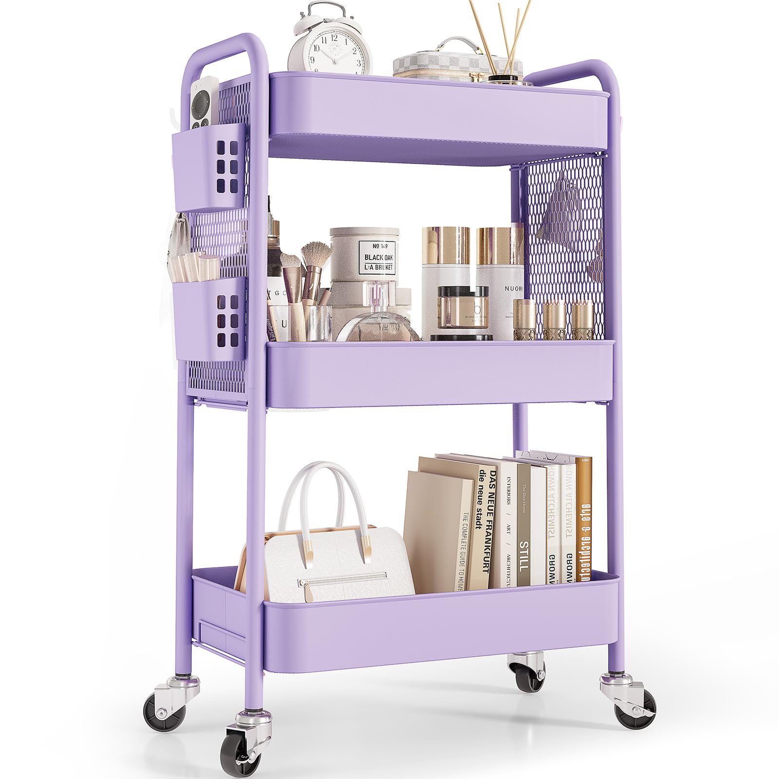 TOOLF 3 Tier Rolling Cart Storage Organizer, Metal Rolling Utility Cart with Wheels, Hooks & Bins Esthetician Craft Art Sturdy S