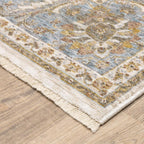 HomeRoots 509427 10 x 13 ft. Ivory & Blue Oriental Power Loom Stain Resistant Rectangle Area Rug with Fringe