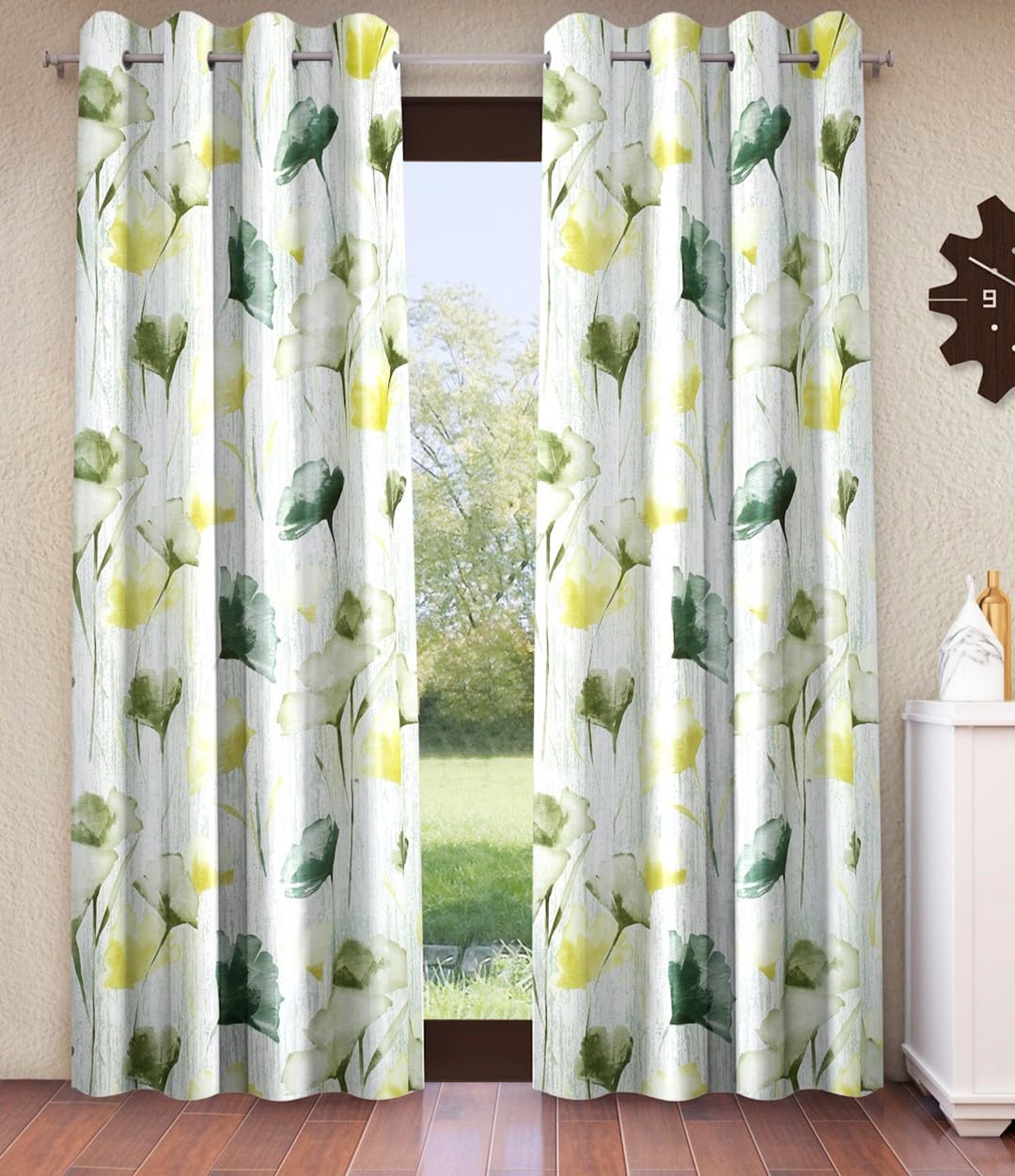 Home Sizzler 2 Pieces Abstract Garden Eyelet Polyester Semi Sheer Door Curtains7 Feet, Green
