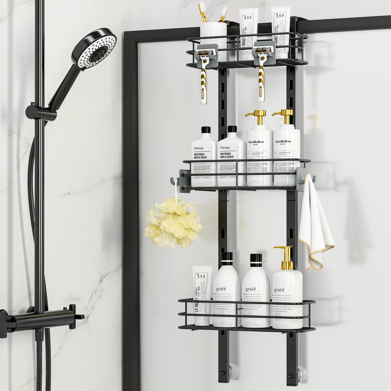 ODesign Over The Door Shower Caddy, 3-Tier Adjustable Hanging Shower Caddy with 4 Hooks, Rustproof Bathroom Shower Organizer wit