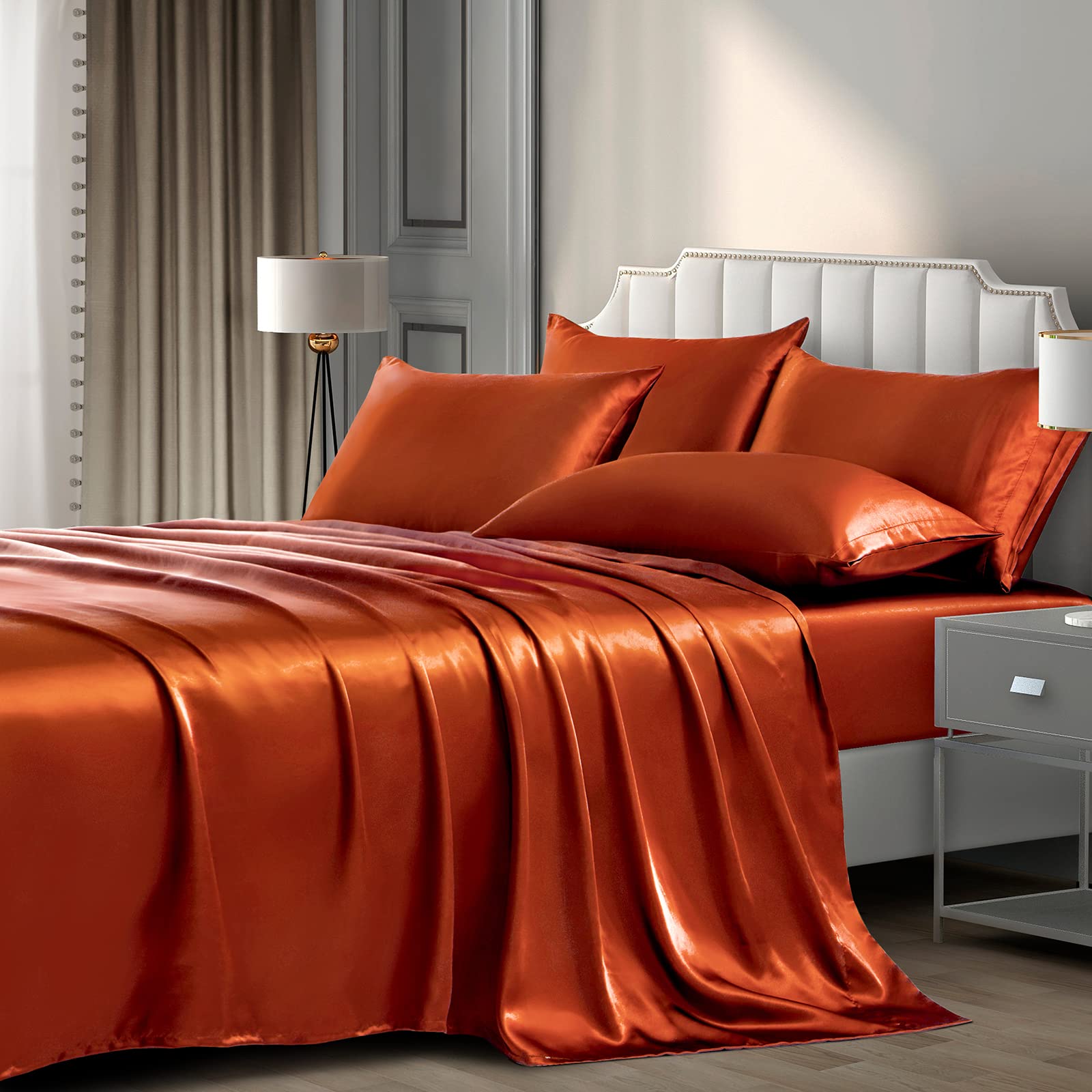 P Pothuiny Satin Sheets Full (6 Pieces, Burnt Orange) Luxury Silky Satin Bed Sheets Full Bedding Set, Extra Soft Satin Sheet Set