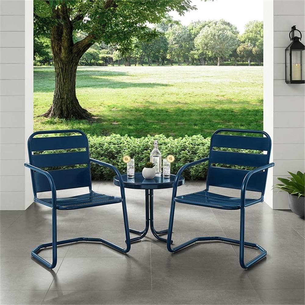 Crosley Furniture Brighton 3-Piece Outdoor Chair And Side Table Set, Retro Metal Patio Conversation Sets, Navy