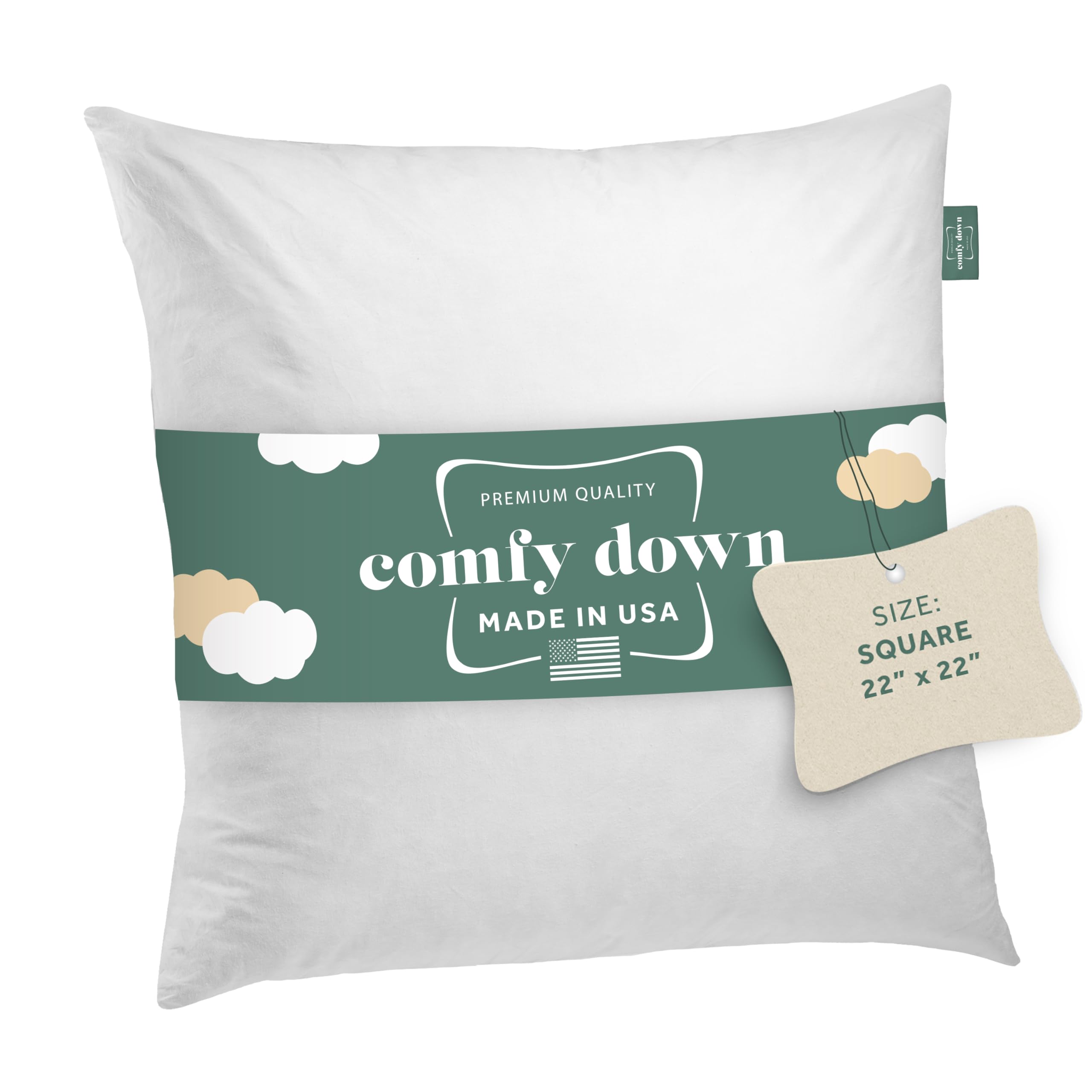 22X22 Decorative Throw Pillow Insert, Down And Feathers Fill, 100% Cotton Cover 233 Thread Count, Square Pillow Insert - Made In