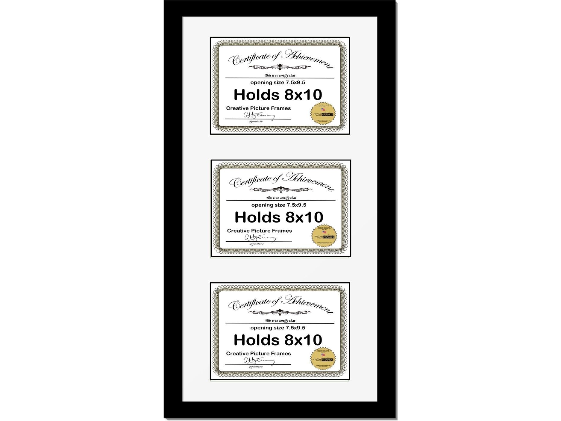 CreativePF [14x30bk-w] Black Vertical 8x10 Triple Diploma Frame with 3 Opening White Matting | Holds 3 8x10 inch Documents with 
