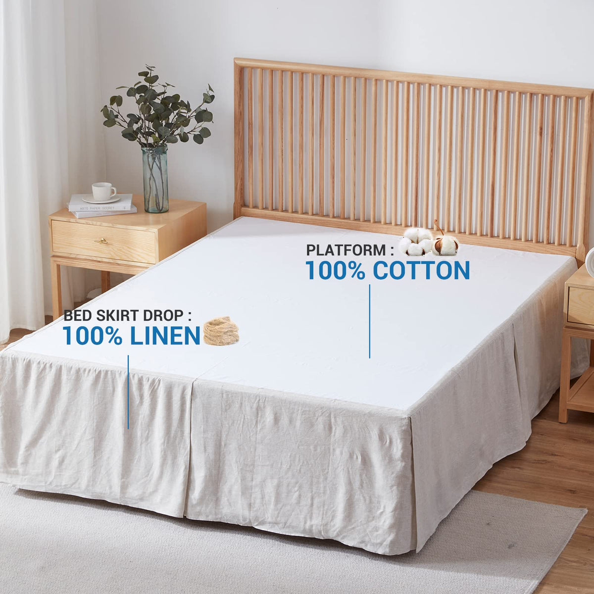Simple&Opulence Belgian Linen Bed Skirt With Classic 22 Inch Tailored Drop Dust Ruffle, Easy Fit Breathable Premium Natural Flax