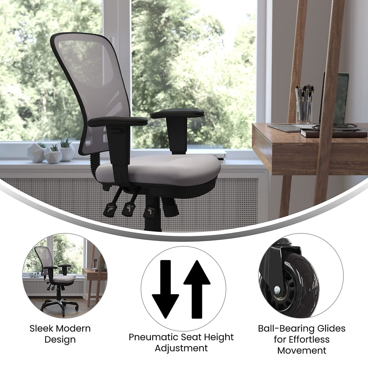 Flash Furniture Nicholas Mid-Back Multifunction Executive Swivel Ergonomic Office Chair With Adjustable Arms, Transparent Roller Wheels, 27&Quot;, Gray Mesh